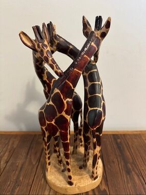 Triple Giraffe Handcarved Wooden Sculpture in Brown and Black